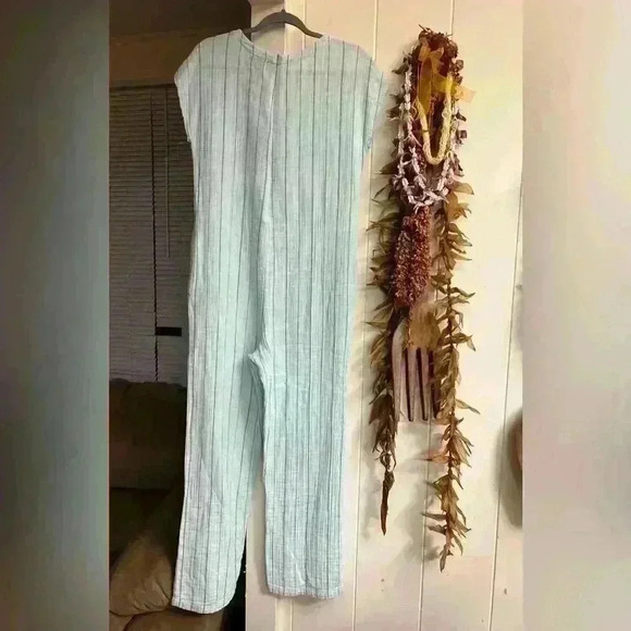 Monrow $198 Pinstripe Gauze Flowy Jumpsuit Sea Foam Teal Cover Up Acacia Beachy - Picture 2 of 5